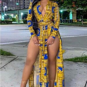 Fashion Nova Blue and Gold Patterned Maxi Dress
